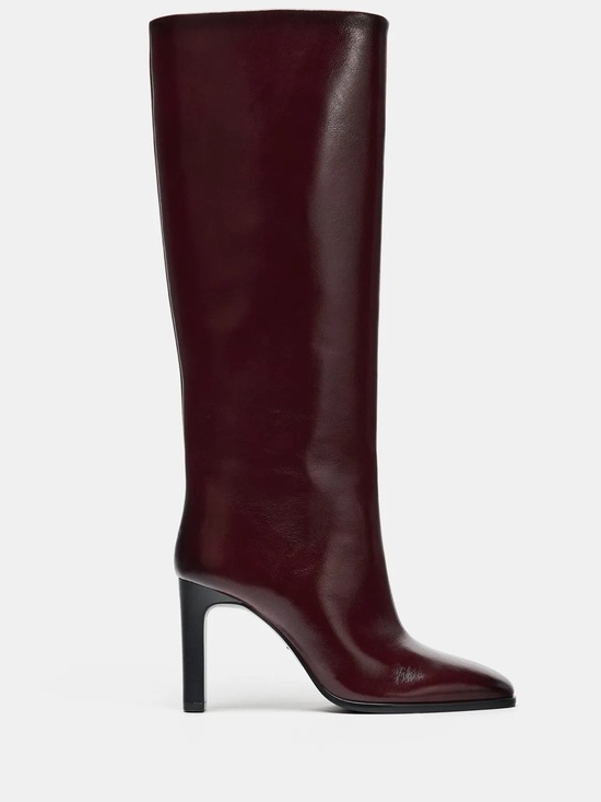 Zara Shoes - ZARA Leather Knee-High Heeled Boots in Burgundy
